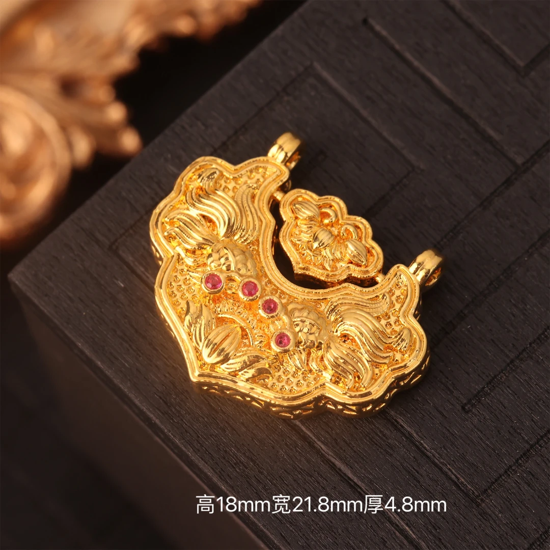 【来福工厂】18k金豪镶锦鲤锁如意锁和田玉双面锁包吊坠配饰