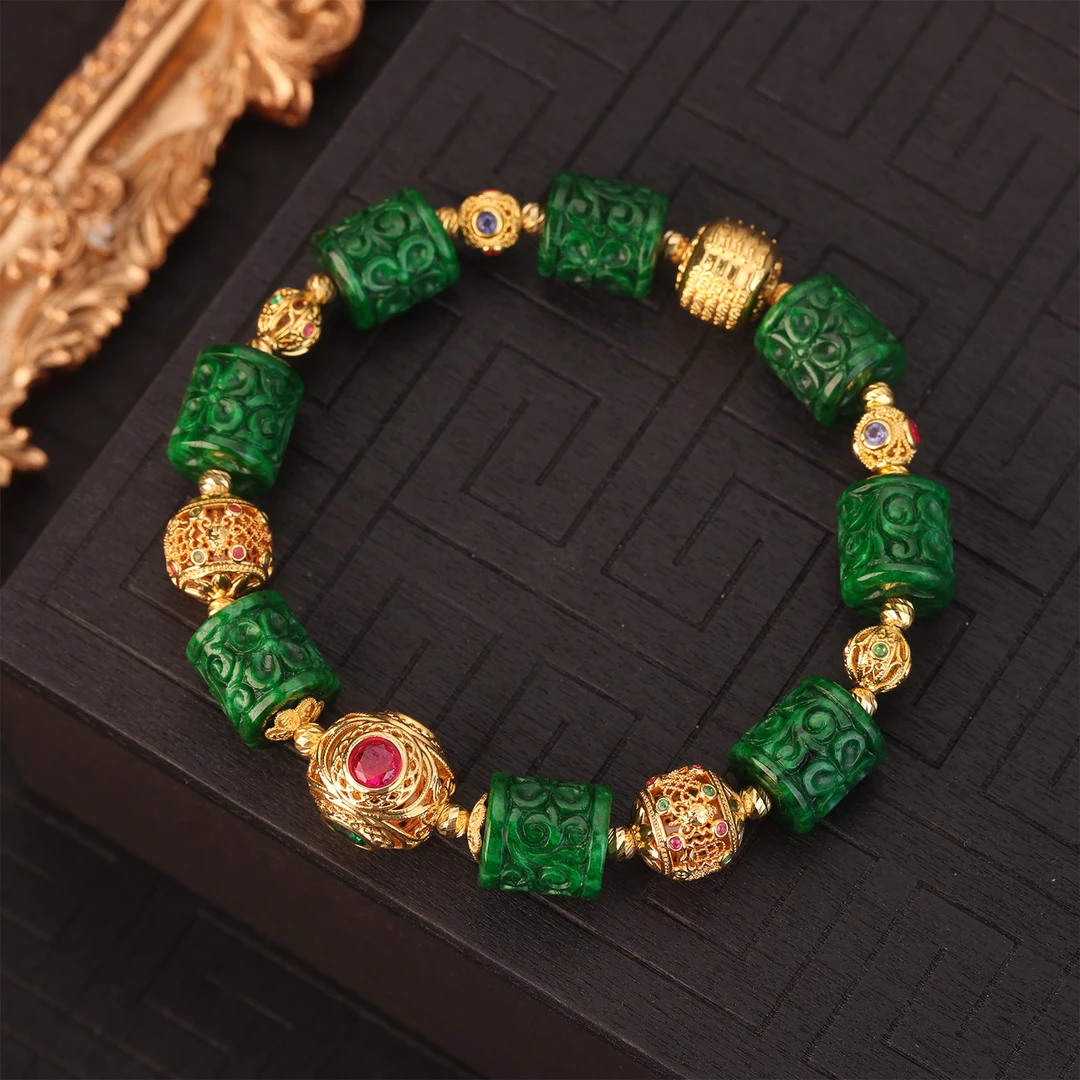 【来福原创】18k金豪镶吉祥八宝五条经文收藏级翡翠干青桶珠手串