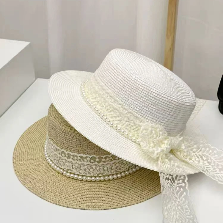 帽子女日系百搭蕾丝绑带蝴蝶结平顶草帽夏季时尚遮阳防晒礼帽休闲
