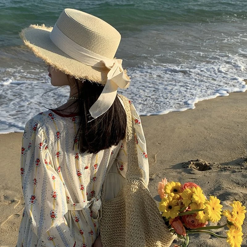 平顶草帽女款夏海边度假沙滩帽防晒遮阳帽防紫外线太阳帽女款韩版