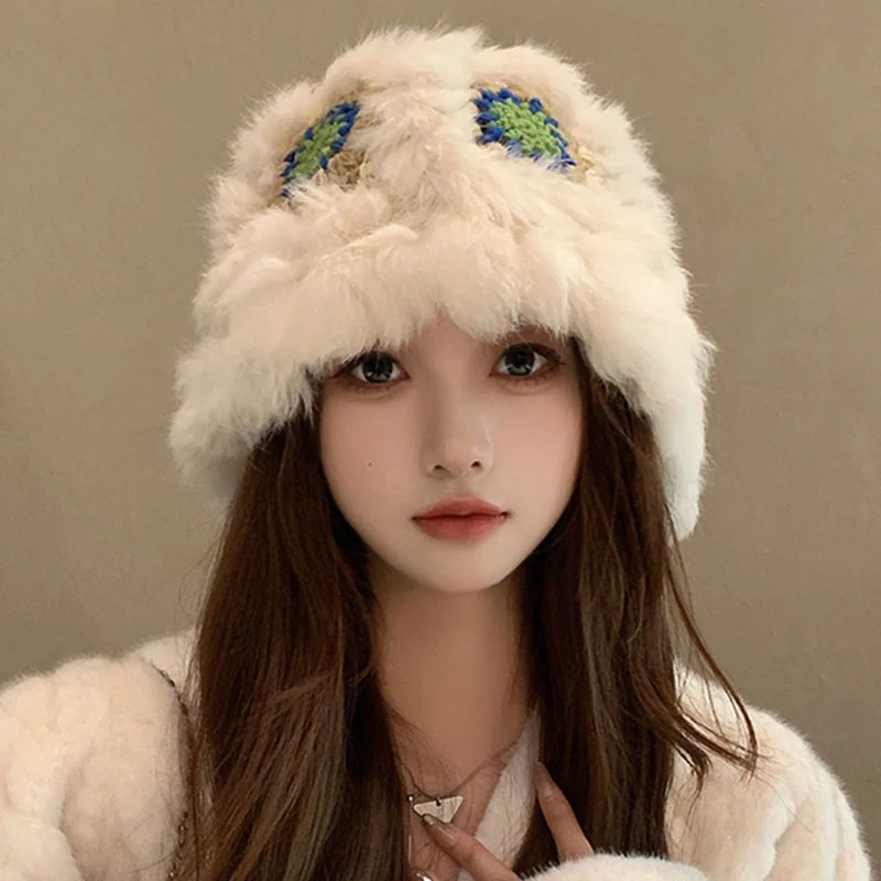 兔毛醒狮帽女秋冬可爱保暖毛绒渔夫帽百搭显脸小水桶毛茸茸盆帽女