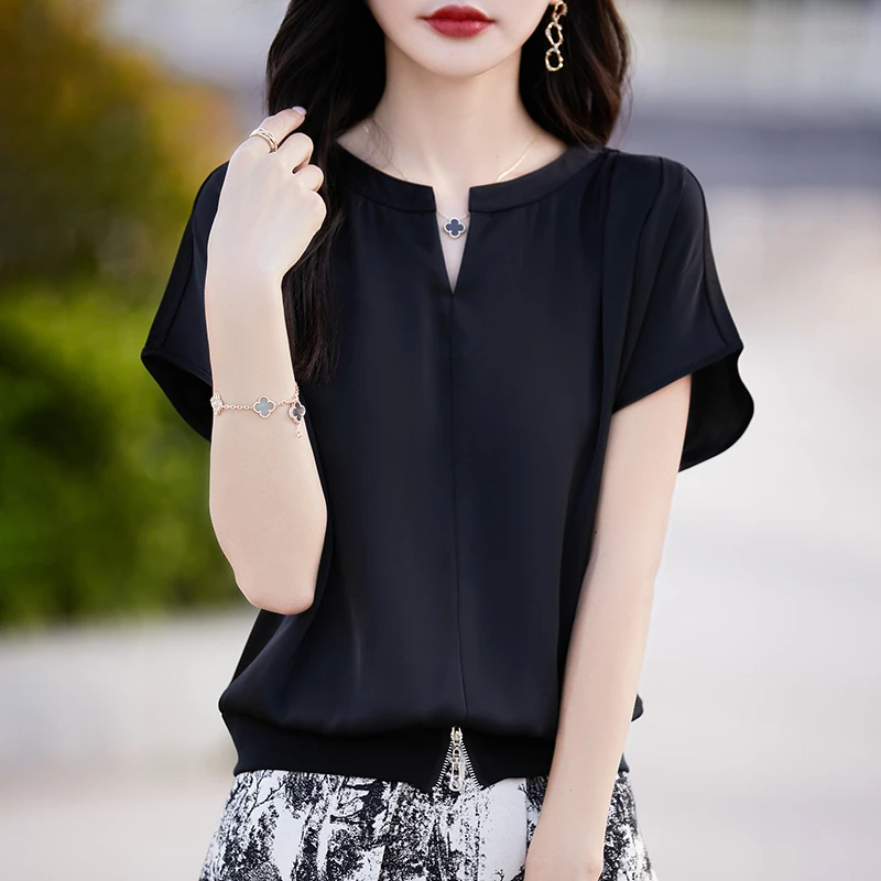 WX.黑白色设计感时尚显瘦女士剪刀领落肩短袖百搭半袖T恤衫ZW-151