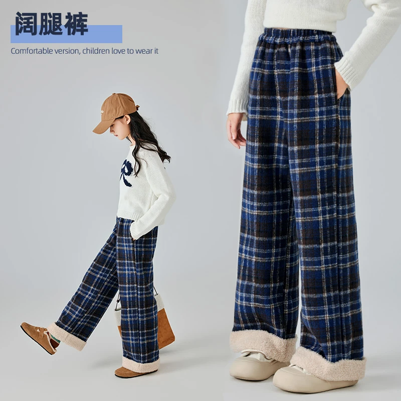 儿童加绒裤子秋冬格子裤女大童2024新款冬装毛呢阔腿裤女孩直筒裤