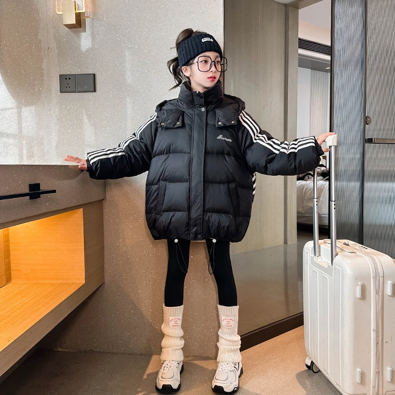 女童羽绒服冬季加绒外套2024新款加厚儿童夹棉袄大童冬装黑色棉衣