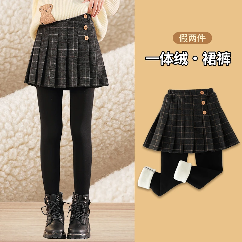 女童加绒打底裤秋冬款中大童女孩洋气百褶裙裤假两件儿童加厚冬装