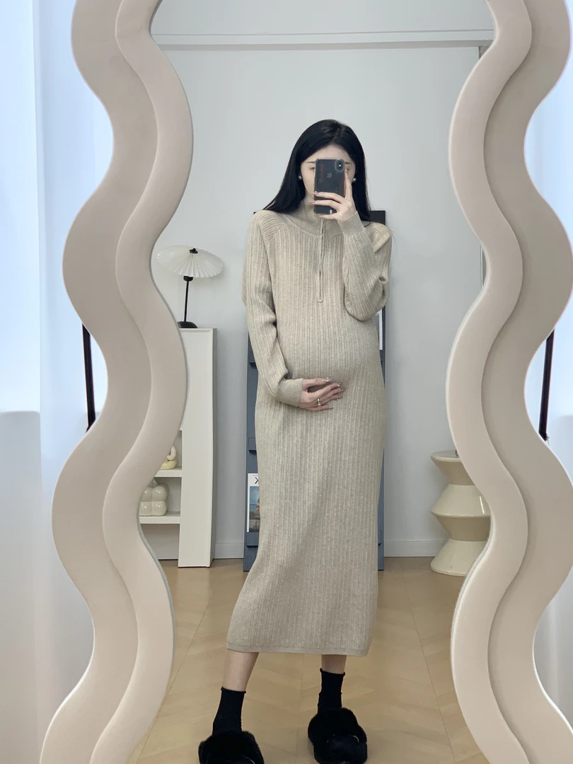 小心机/韩版休闲气质秋冬三色翻领拉链针织加厚连衣裙百搭