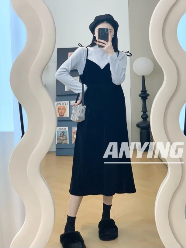 下午茶/孕妇套装赫本风丝绒吊带连衣裙女秋冬复古显瘦长裙小黑裙