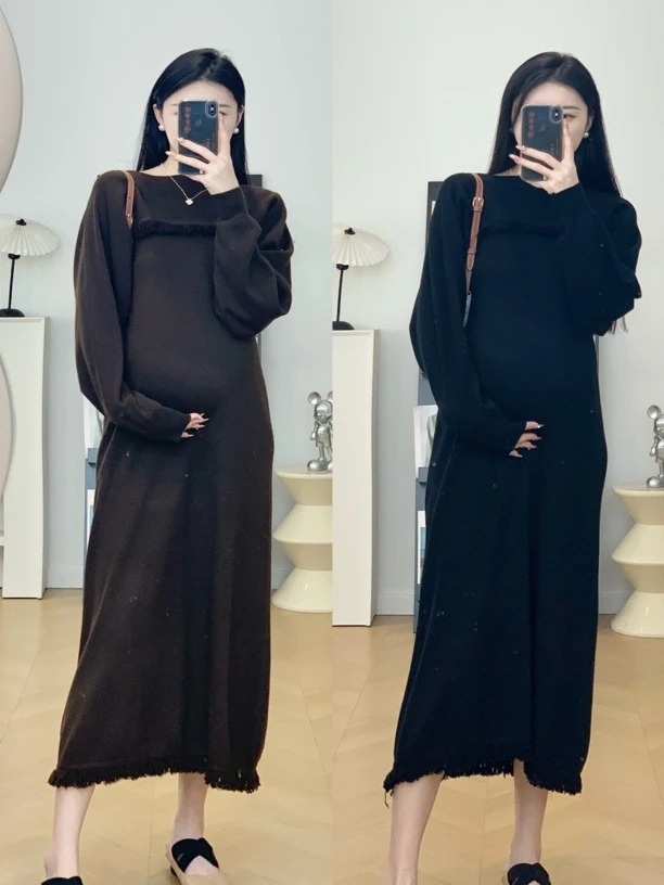 巴黎画报/法式流苏吊带孕妇长裙毛边短款毛衣罩衫秋季气质连衣裙