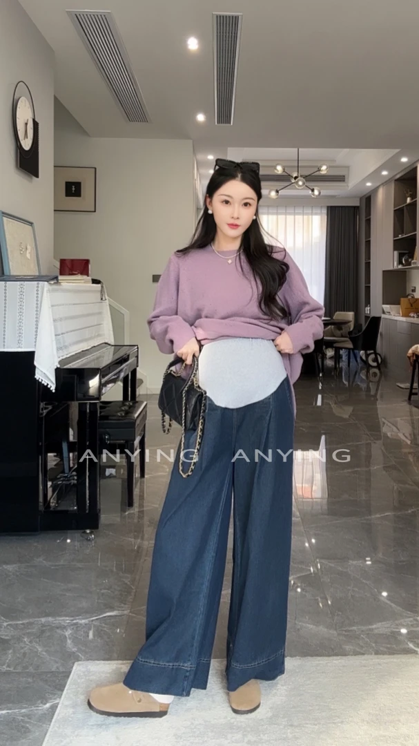 阔腿牛仔 秋冬百搭孕妇牛仔裤打底裤孕高腰纯棉托腹阔腿孕妇装