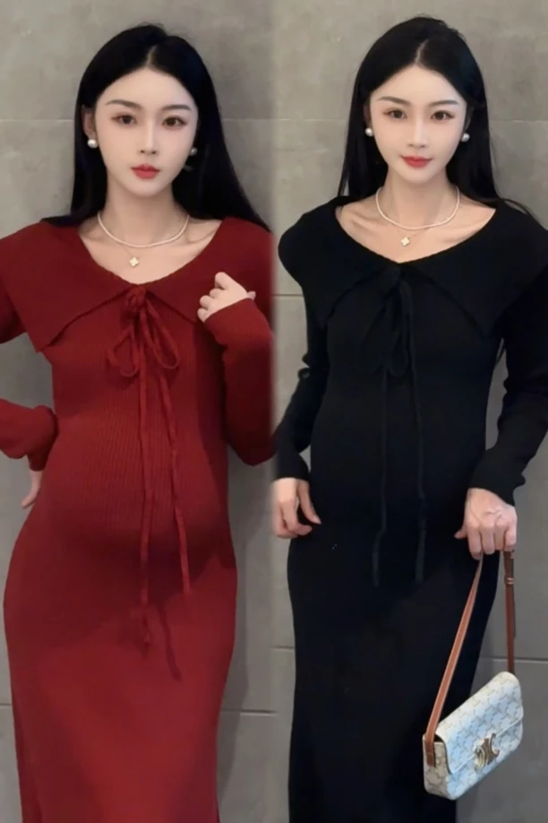 华尔兹 气质翻领玫瑰系带连衣裙新款收腰显瘦长袖针织连衣裙打底