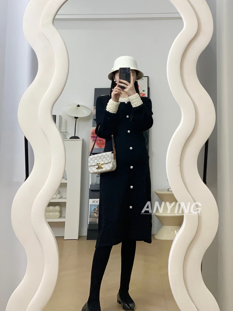 香榭大道/毛衣裙气质名媛法式赫本风黑色打底针织连衣裙孕妇冬季