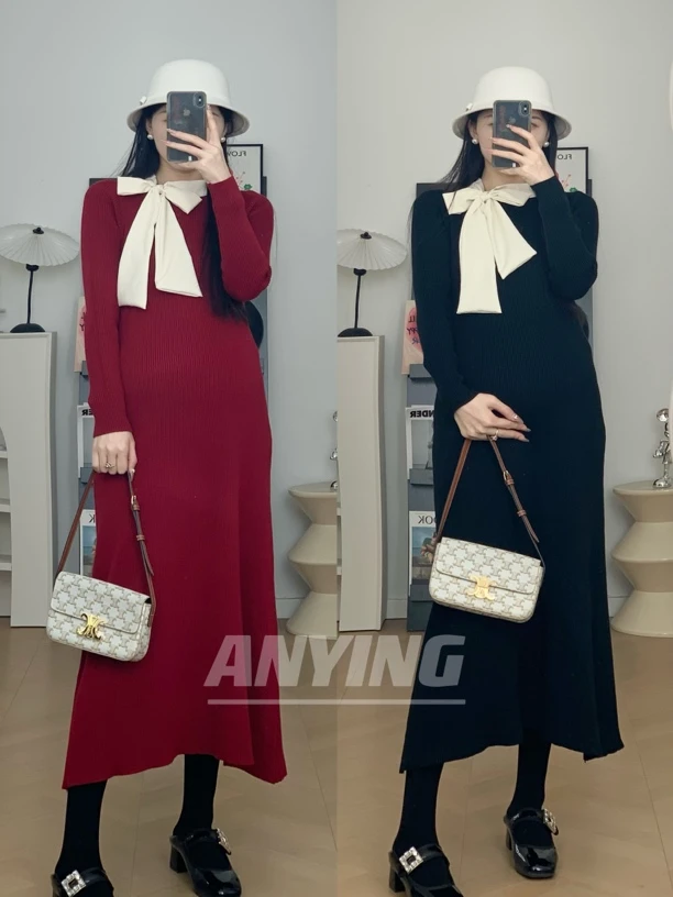 心动符号/孕妇冬季系带蝴蝶结收腰温柔针织裙百搭打底裙中长裙