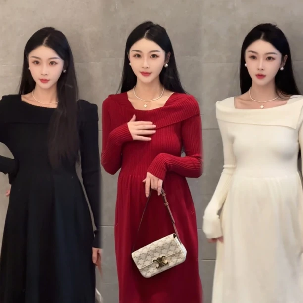 法式初恋 法式一字肩连衣裙新款收腰显瘦长袖针织连衣裙打底