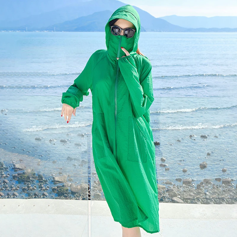 长款防晒衣女款外穿夏季防紫外线遮阳户外宽松大码薄款外套女风衣