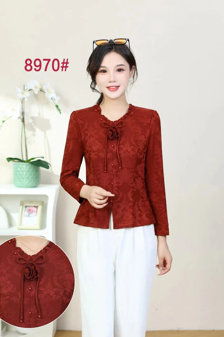 中式复古盘扣提花上衣秋季新款长袖妈妈装小衫