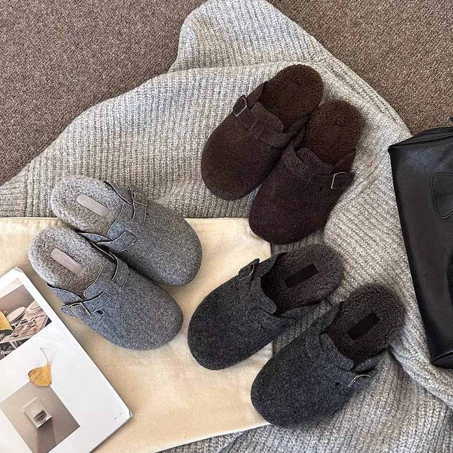 花花7800-1218包头勃肯半拖博肯鞋女新款潮流百搭平底毛毛拖鞋