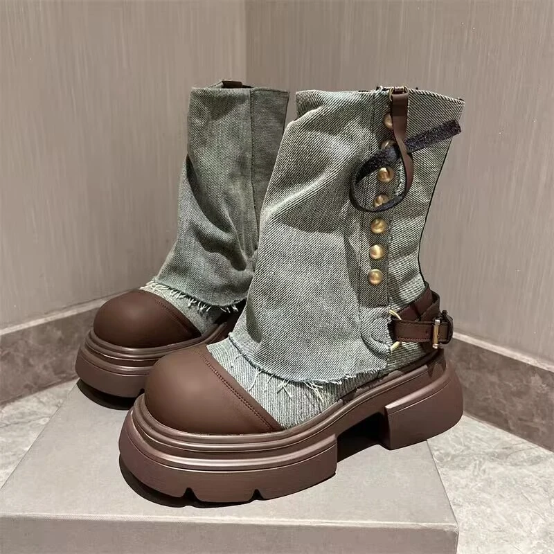 马丁靴女2024年新款西部牛仔布走秀款假两件机车靴小个子美式短靴