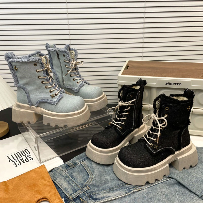 欧货大头水洗牛仔布马丁靴女2024新款百搭粗跟厚底透气工装靴女靴