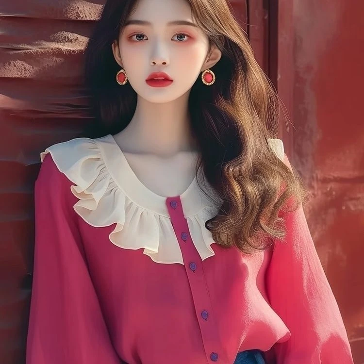 2024早秋新款法式独特小上衣温柔风韩系减龄玫红色雪纺荷叶边衬衫