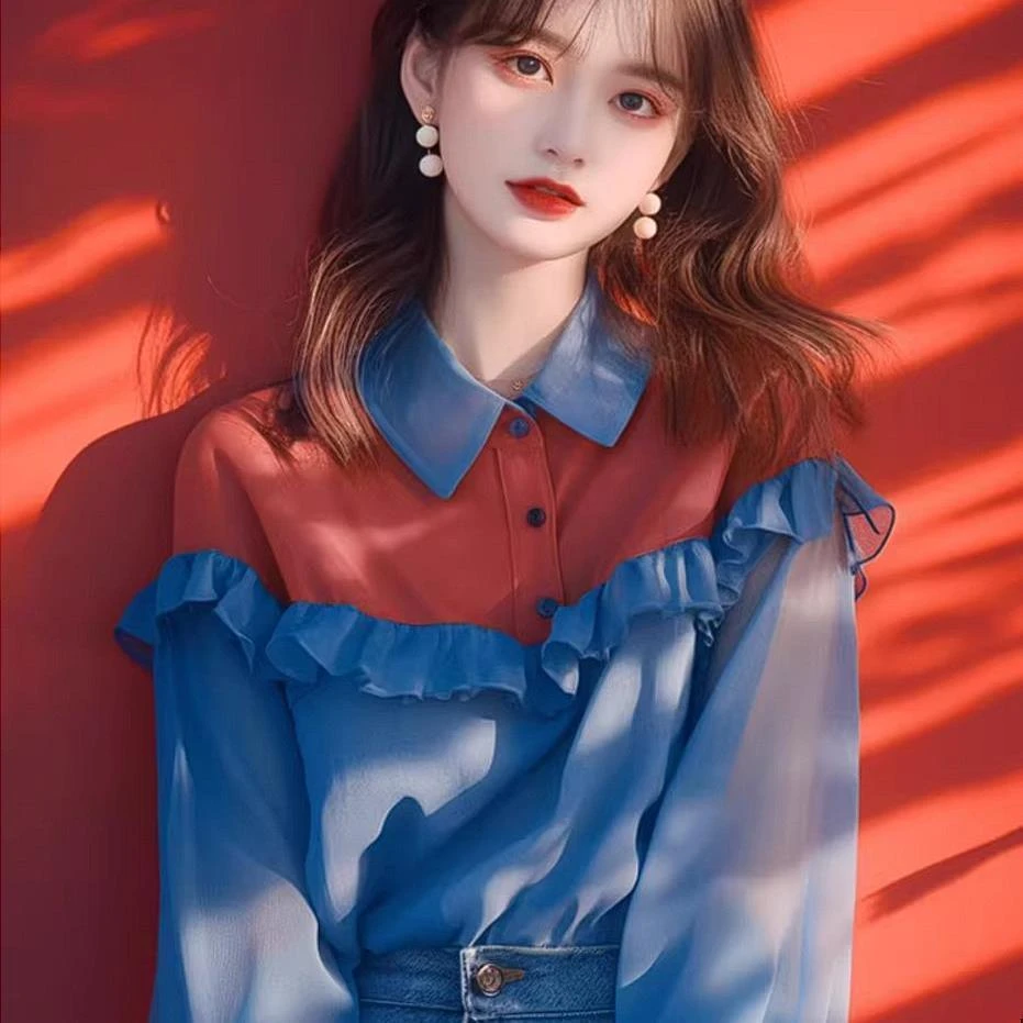 别致上衣小众设计感独特洋气时髦气质蓝色拼接衬衫女