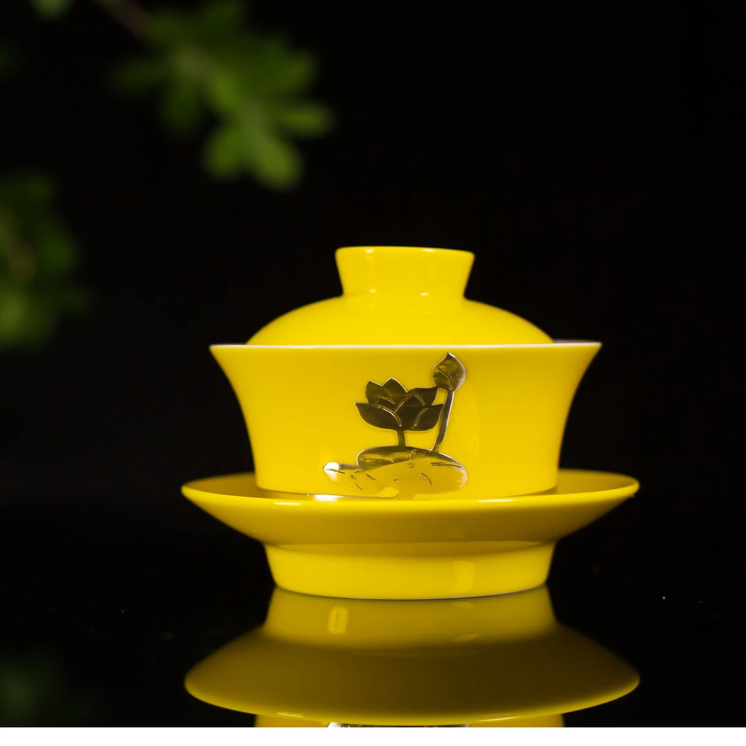 盖碗三才碗伴手礼手工家用陶瓷大号纯手工黄色瓷高档茶荷花老手艺