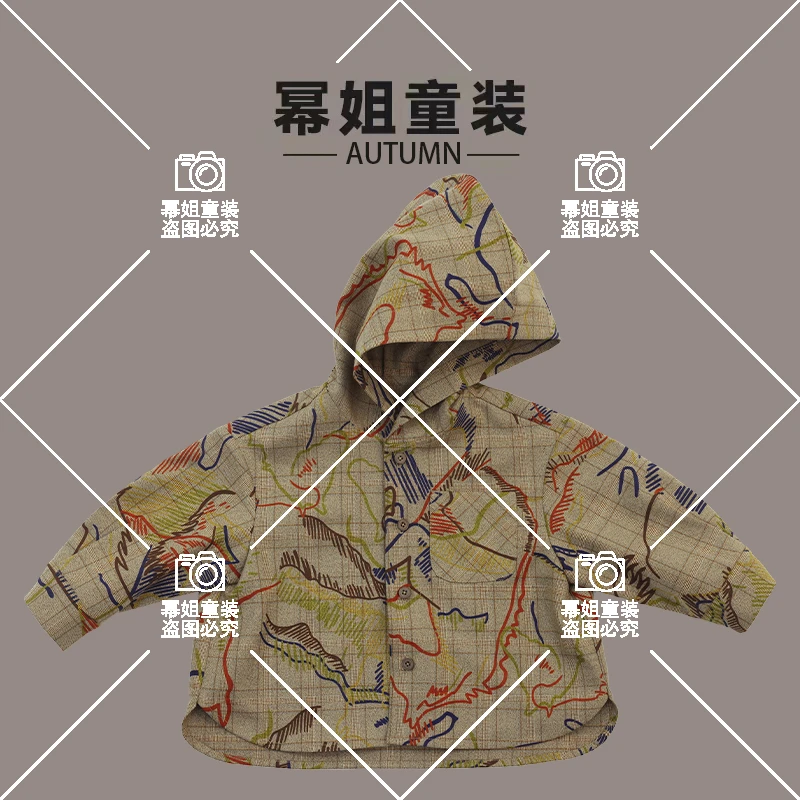 希朵【萌娃穿搭】2024秋季儿童复古涂鸦满印格子连帽长袖衬衫243255
