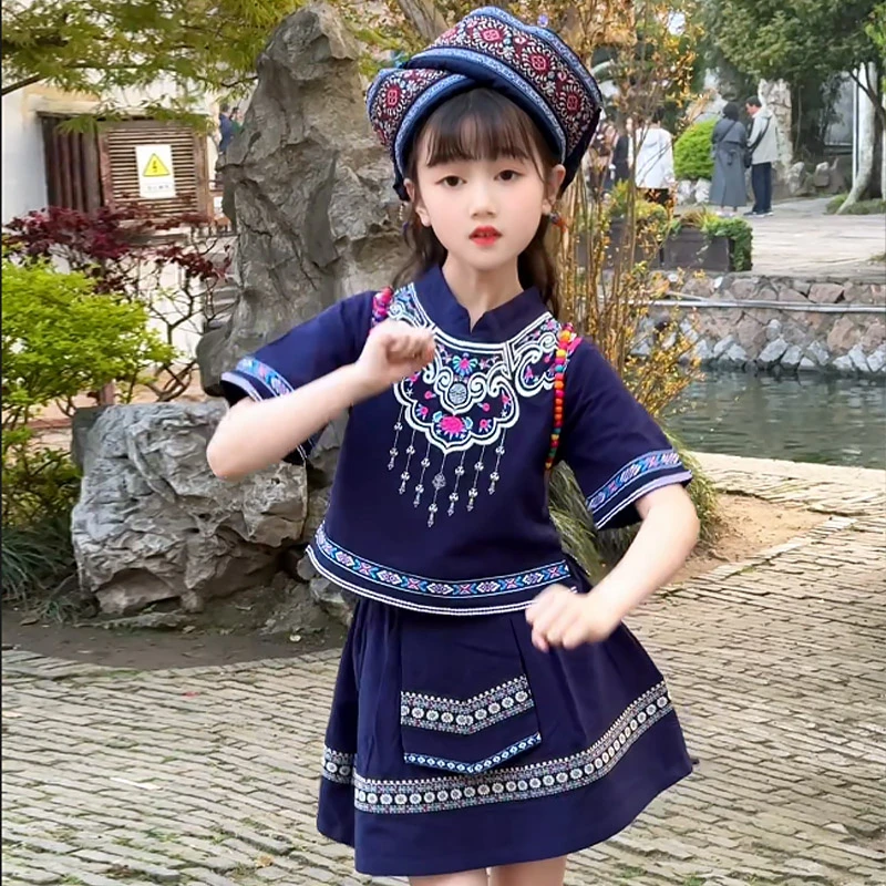 儿童演出服女童三月三壮族少数民族服饰中大童舞蹈服六一表演服