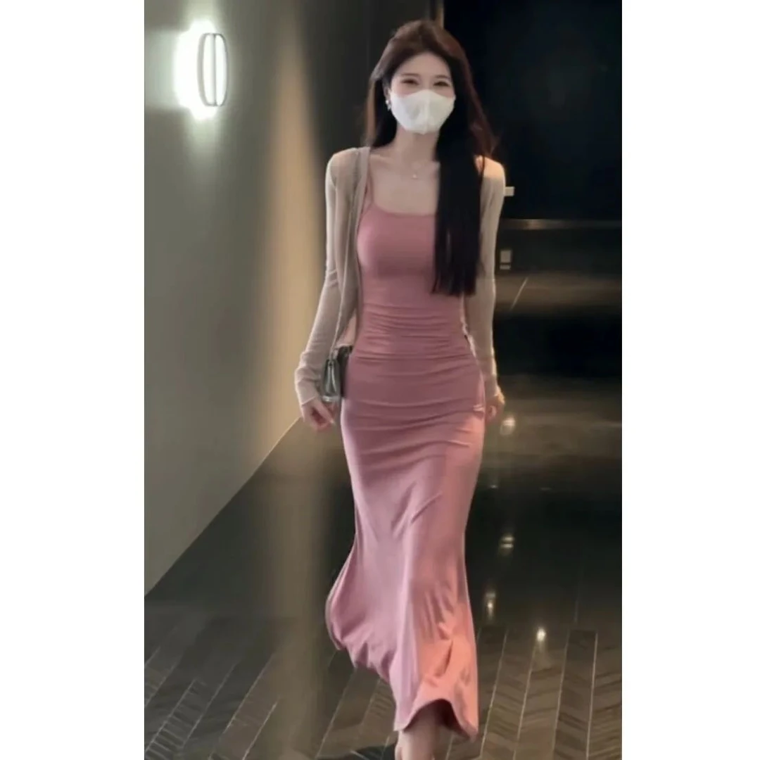 2024秋季新款显瘦收腰气质长款鱼尾连衣裙+简约开衫网红两件套潮