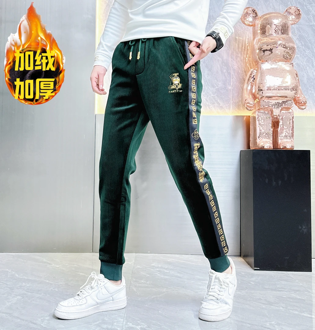 2023冬季新款轻奢小老头烫钻织带拼接流行修身男士休闲裤加绒加厚