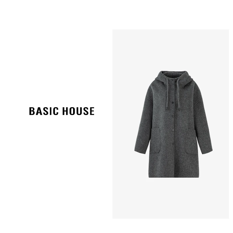 Basic House/百家好2024冬季新款学院风时尚连帽中长款双面呢大衣