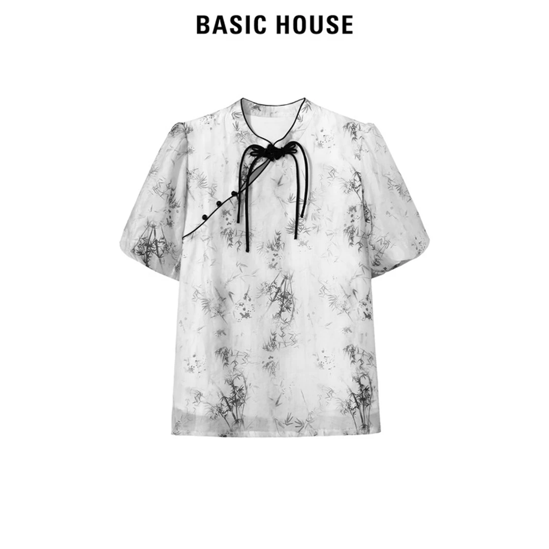 BasicHouse/百家好女士盘扣衬衫2024夏季新款斜襟春夏短款女上衣