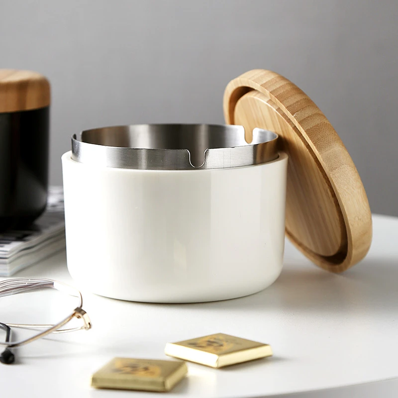 烟灰缸户外家用陶瓷双层圆形带盖简约防尘密封式大容量小型金色