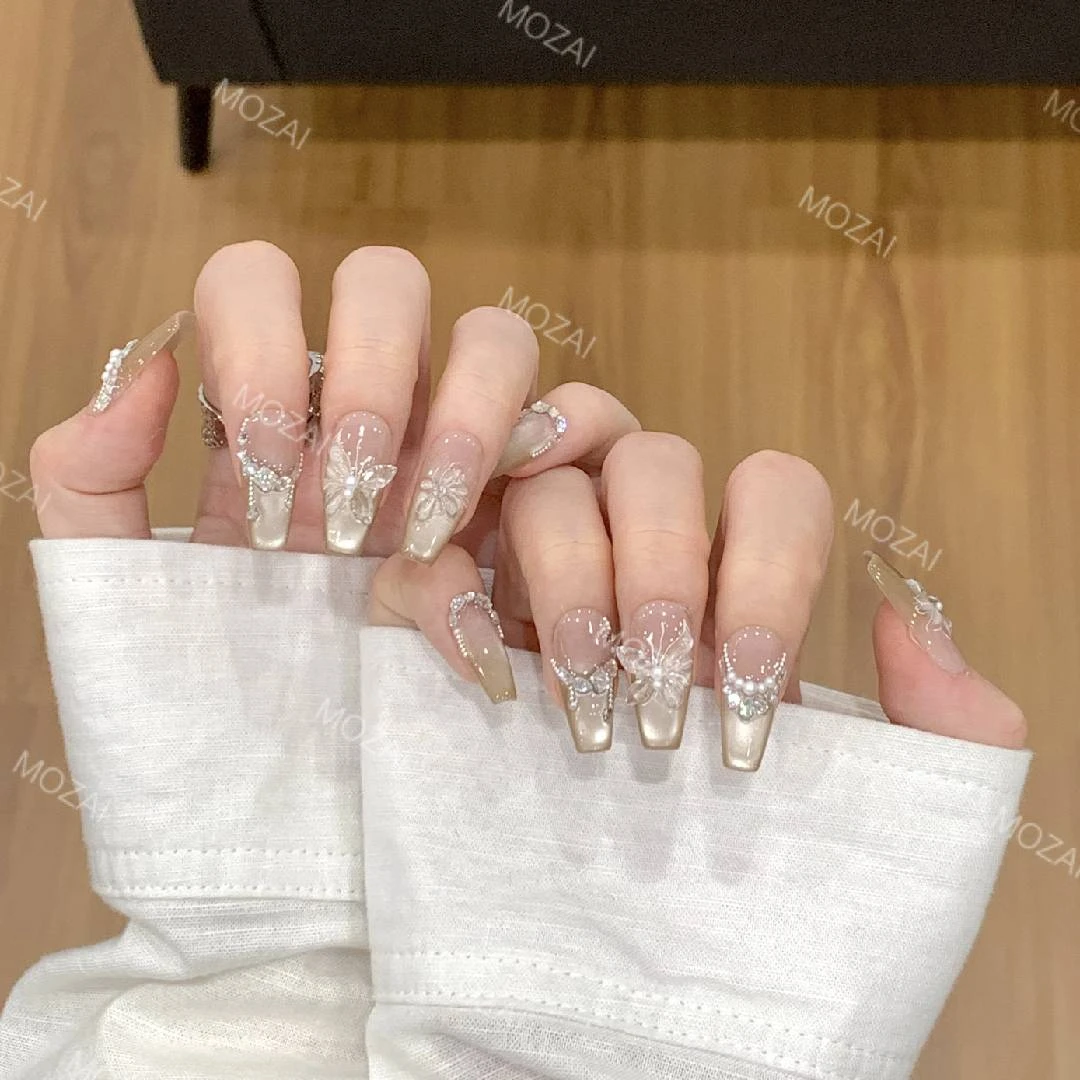 茉哉【蝶觅山茶】纯手工定制美甲拆卸穿戴甲A3019