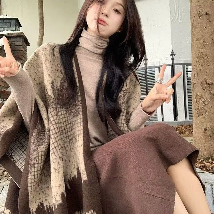 山水画披肩韩版加厚保暖慵懒风中长款针织网红百搭气质送女友