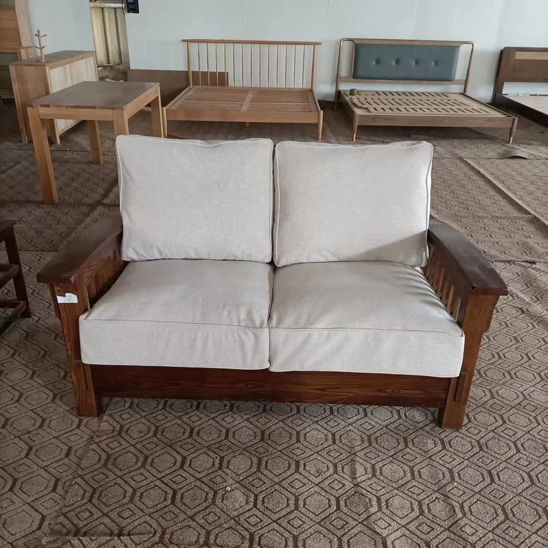 全实木白蜡沙发软包坐垫可拆棉麻布料双人位沙发