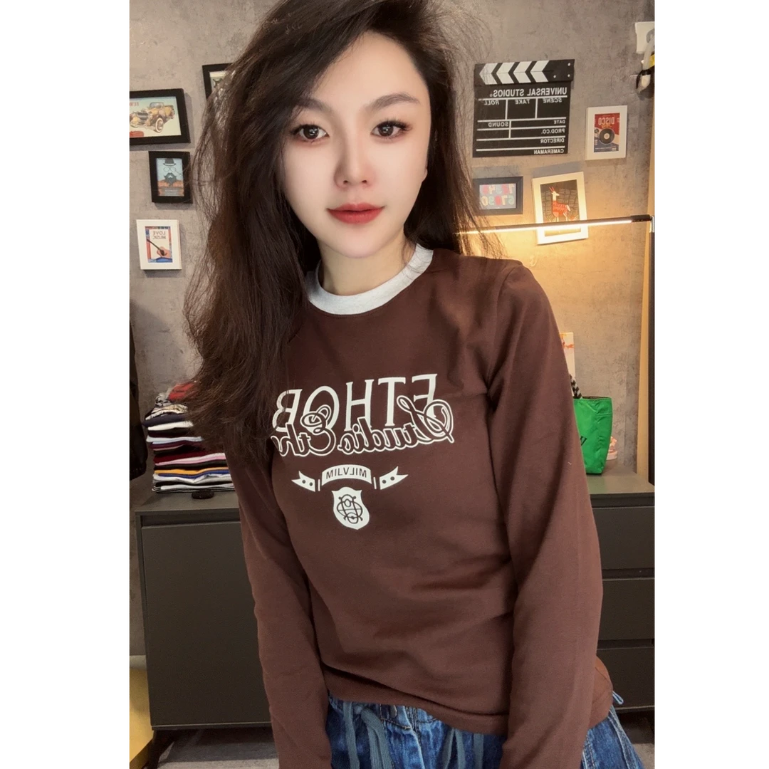 秋冬款印花圆领T恤女显瘦内搭修身上衣百搭长袖时尚设计感棉t