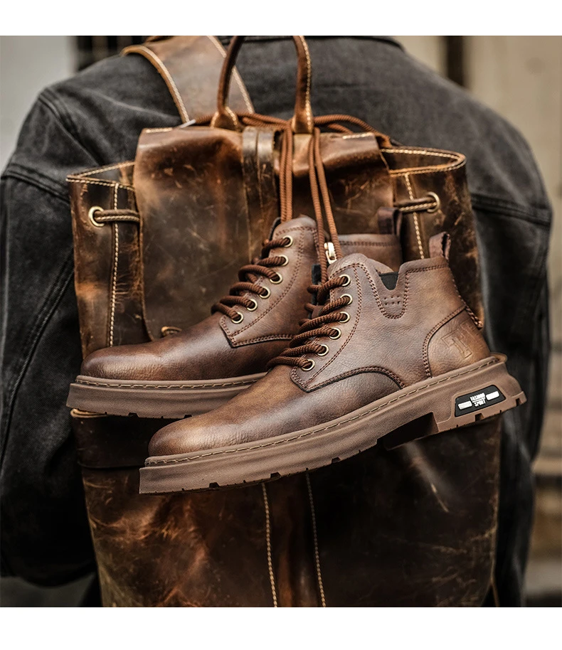 冬季时尚潮流高级感粗麻绳中帮板鞋商务休闲皮鞋户外工装马丁靴