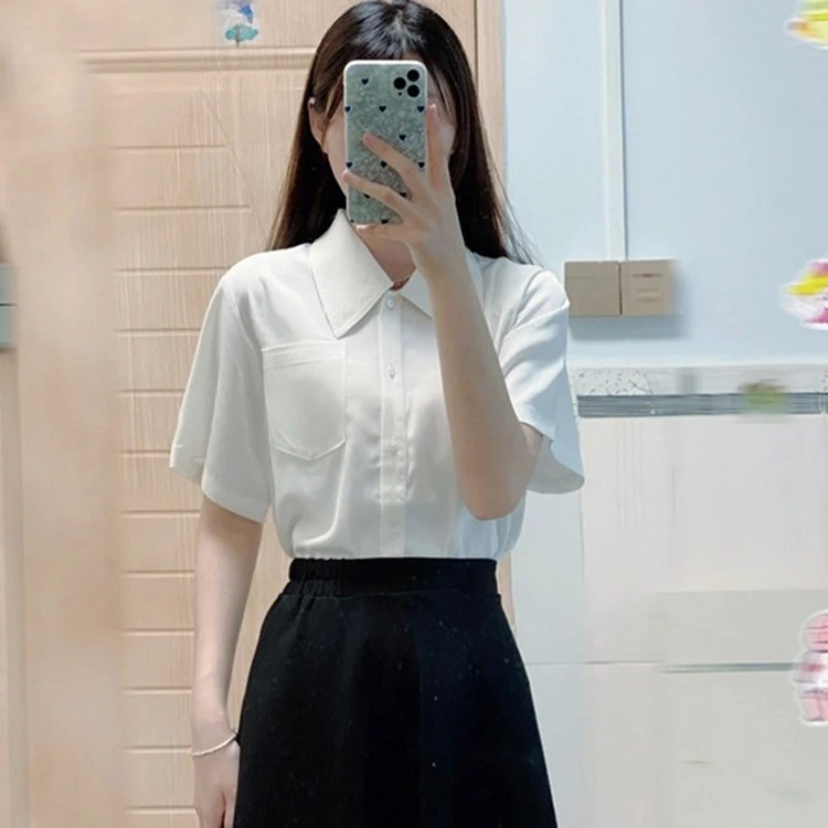 公务员教资面试白色短袖衬衫女夏季宽松休闲百搭职业气质白衬衣