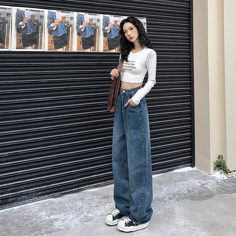 爆款双调节扣韩版高腰超A牛仔拖地牛仔裤2025年阔腿直筒裤宽松女