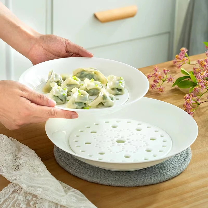 景德镇骨瓷纯白色饺子盘沥水双层盘中式家用包饺子水饺盘子虾盘子