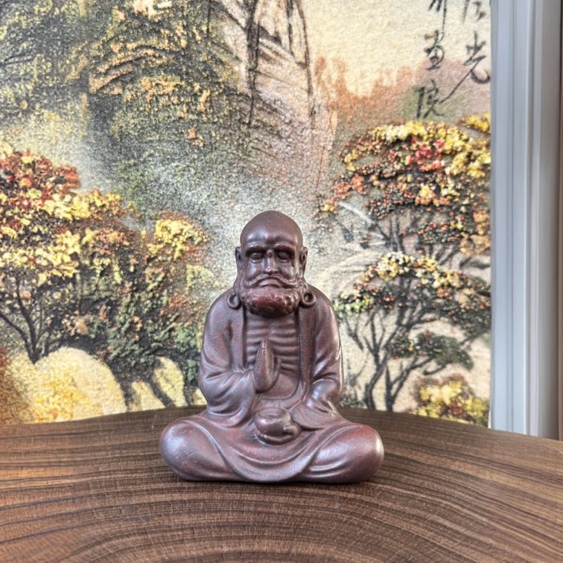 （德砂甄选）宜兴原矿高温石红料雕塑《达摩》紫砂手工茶宠茶玩茶道