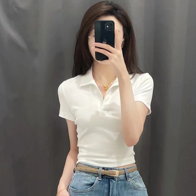 纯棉短袖T恤女夏季新款POLO领修身正肩短款上衣显瘦休闲百搭纯色