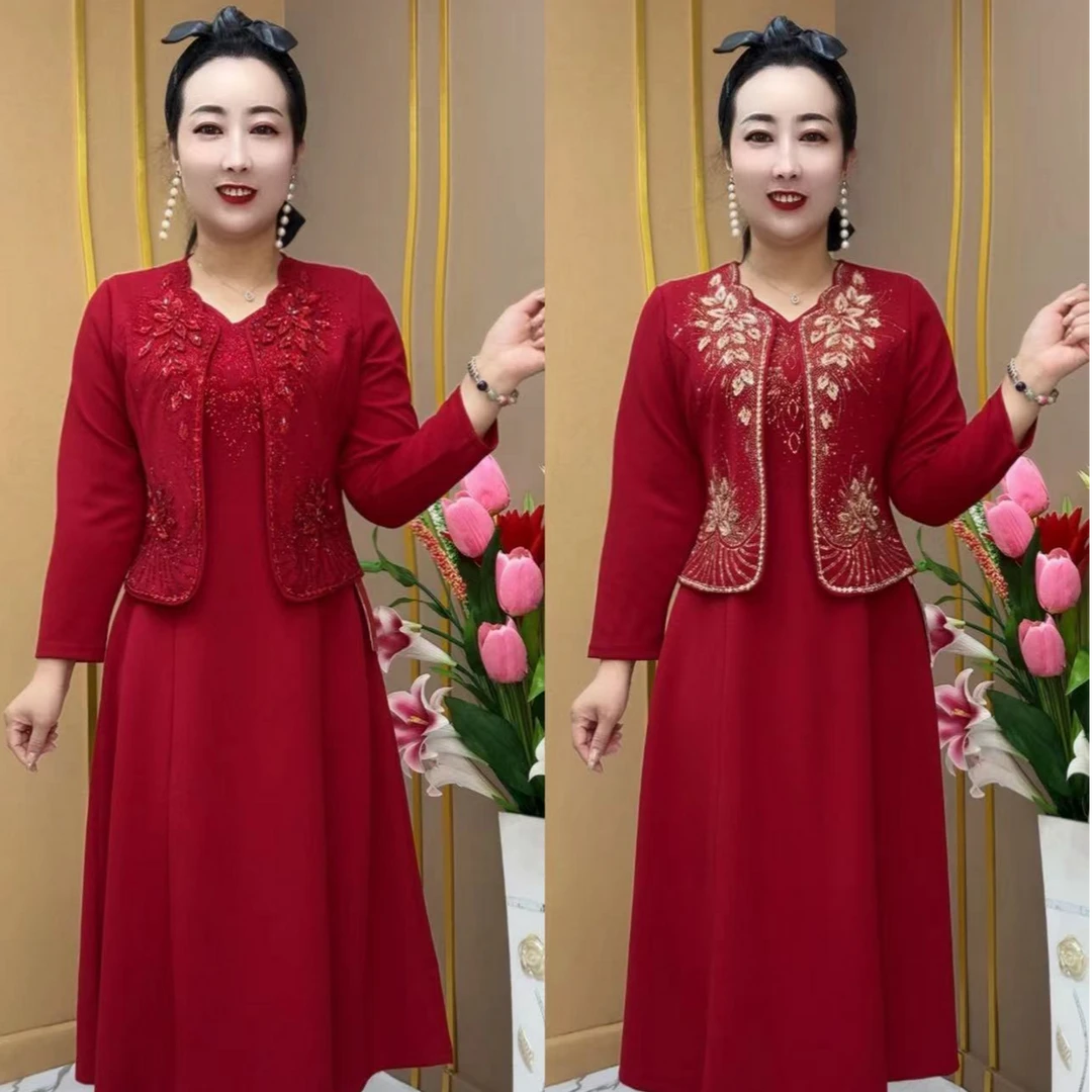 355款气质婚宴时尚洋气秋冬套装红色妈妈装连衣裙