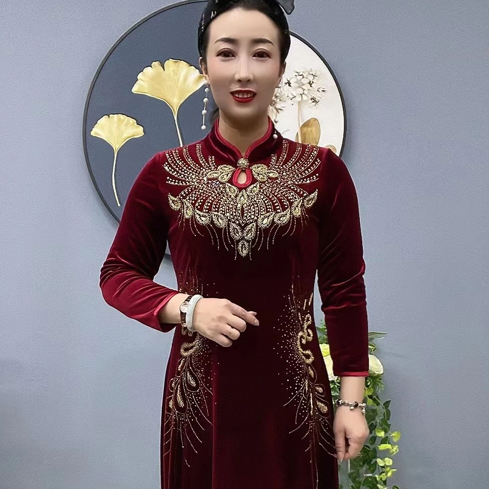 2575 ，串珠烫钻腰间花水滴领修身显瘦妈妈装，连衣裙，105衣长，单层