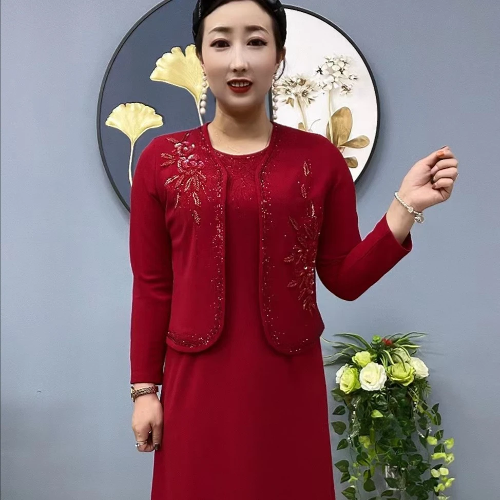 2708 串珠烫钻砍袖连衣裙+长袖外套，两件套，裙长98，单层有弹力