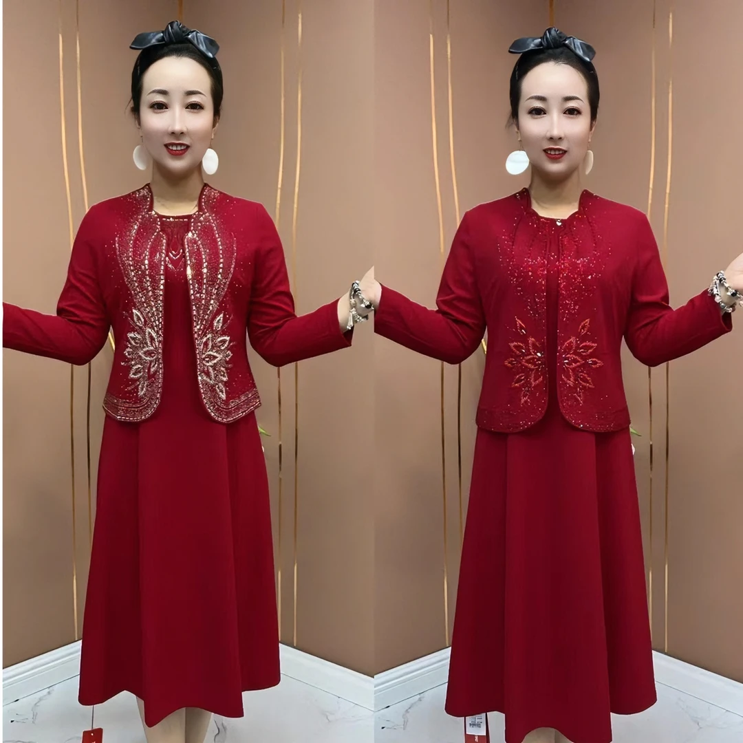 2874喜庆婚宴中式显瘦长袖裙加外搭妈妈装连衣裙