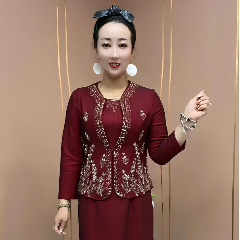 2891婚宴时尚长袖砍袖连衣裙+长袖外套，两件套，裙长100，外搭54