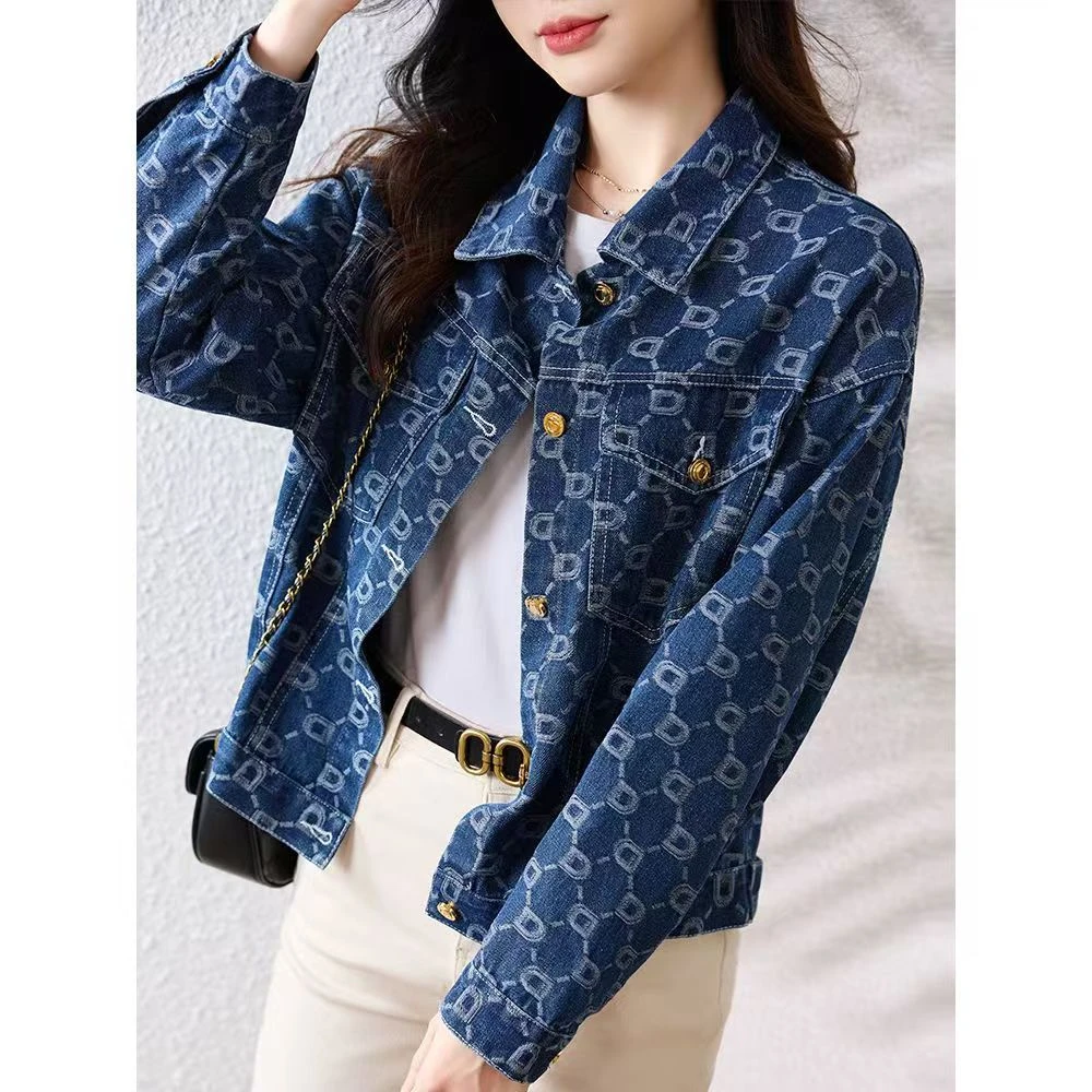 PERIKAS秋季新款韩版时尚牛仔外套提花设计感休闲百搭上衣女6600