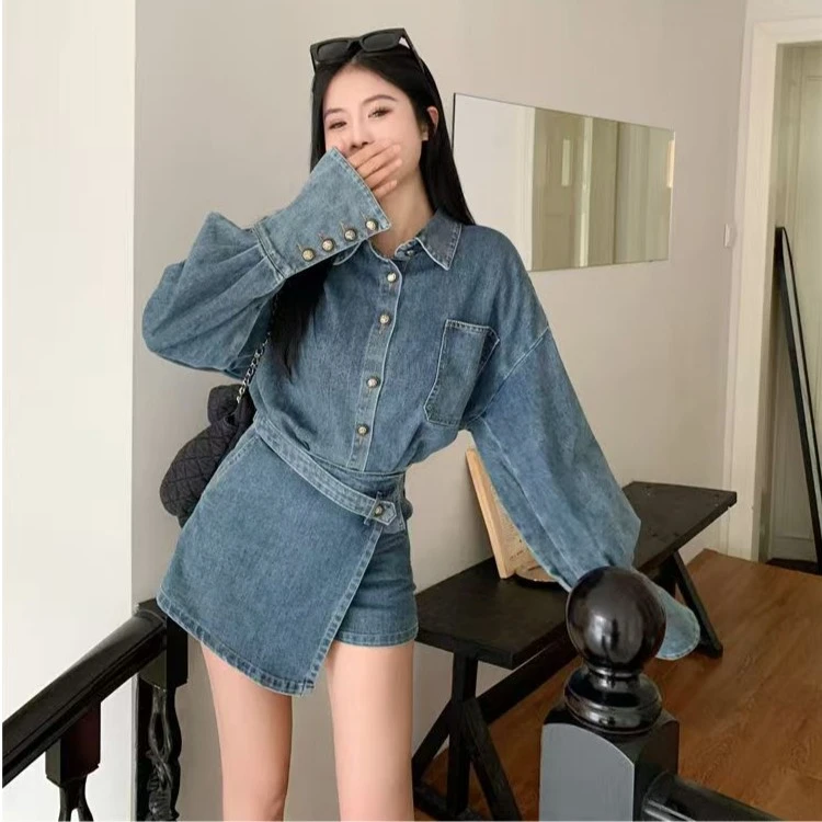 3988复古牛仔二件套女春秋中长款宽松遮肉衬衣设计感高腰裤裙套装