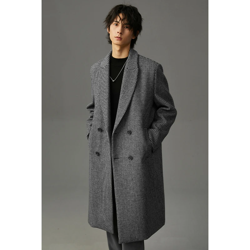 千鸟格羊毛呢大衣男中长款冬季双排扣高级男士呢子风衣外套ELL12
